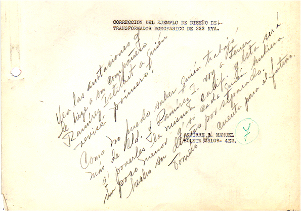 Nota del Ing. Arroyo, escrita en 1956