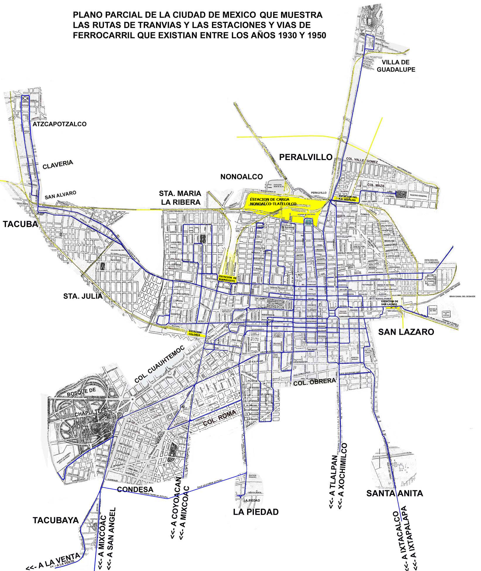 MAPA DE LA CIUDAD DE MEXICO EN 1930, con rutas de tranvías y ...